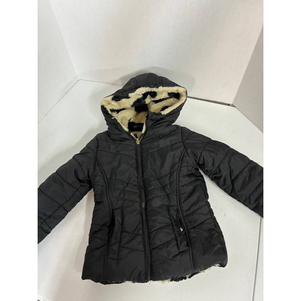 Madden Girl Kids Black Puffer Jacket Reversible Heart Faux Fur Hooded 4/5